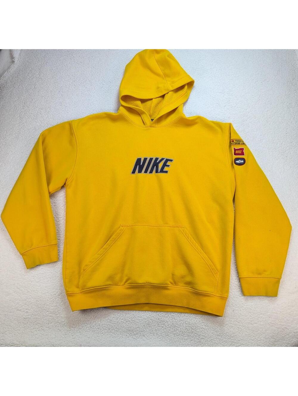 Y2K 90s Nike Hoodie Men's XL Pullover Spell Out Patch Logo Yellow